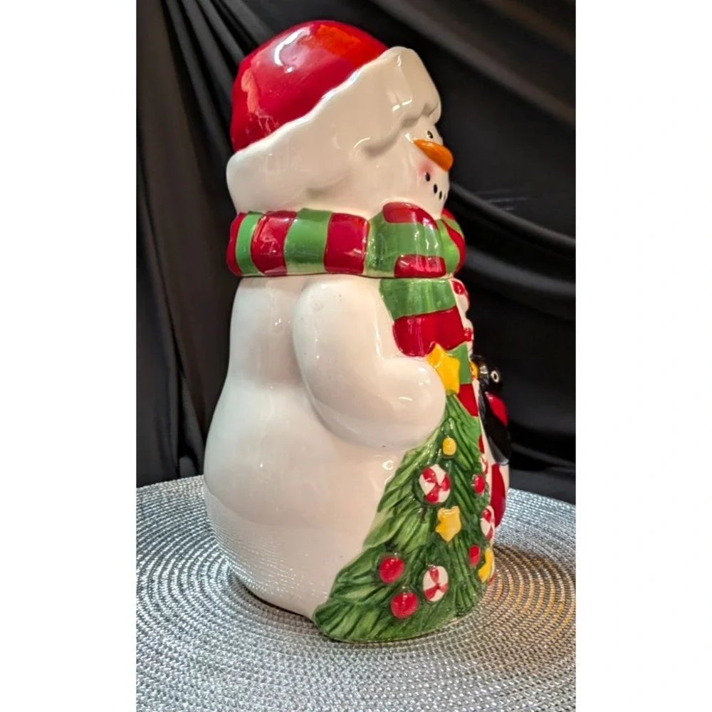 Snowman Cookie Jar W/ Penguin Christmas Decor Holiday Season Container